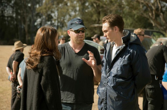 Eamon Farren on set with director Jim Lounsbury and costar Clair van der Boom.