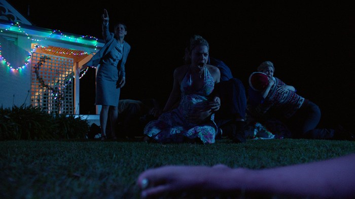 The Red Christmas cast recoils from death. (Photo by Douglas Burdorff)