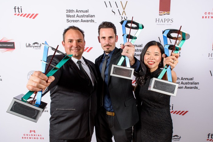Flushed took out three awards. L-R actor Mike Djukic, director Richard Eames and art director Helena Tay Eames. 